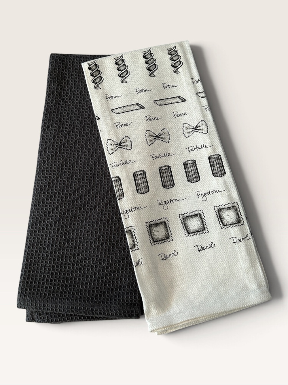 2-Piece Kitchen Towel Set - Dark Waffle Knit & Illustrated Pasta Motif